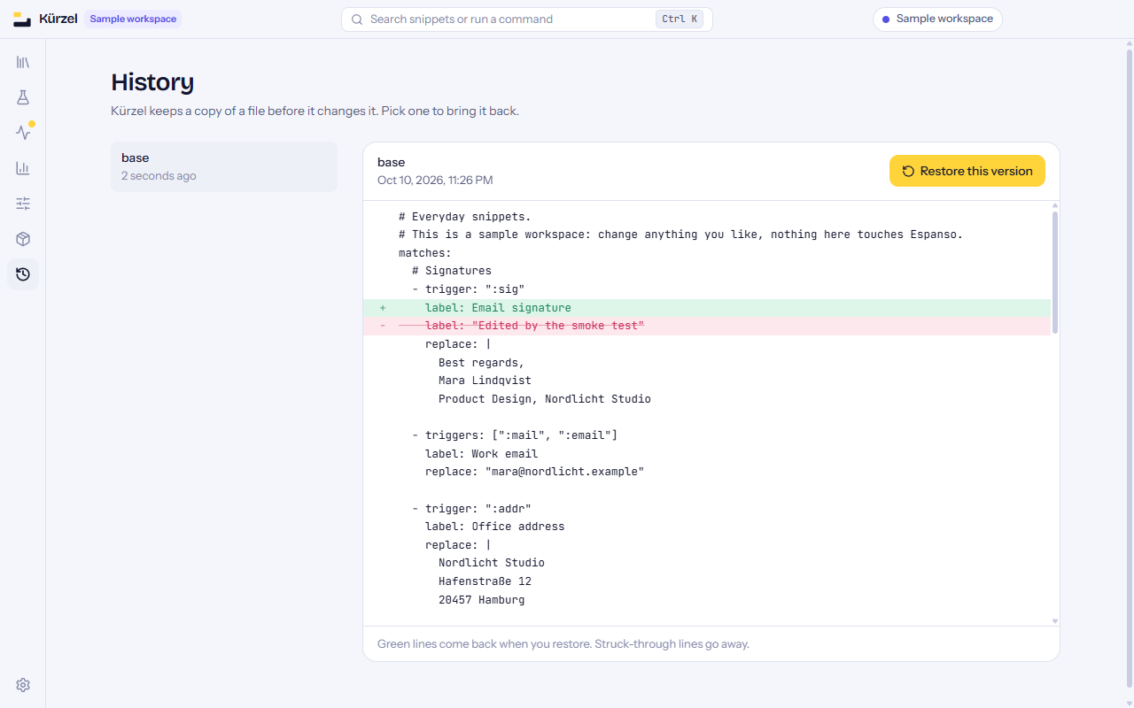 The History page comparing an earlier version of a file with the current one