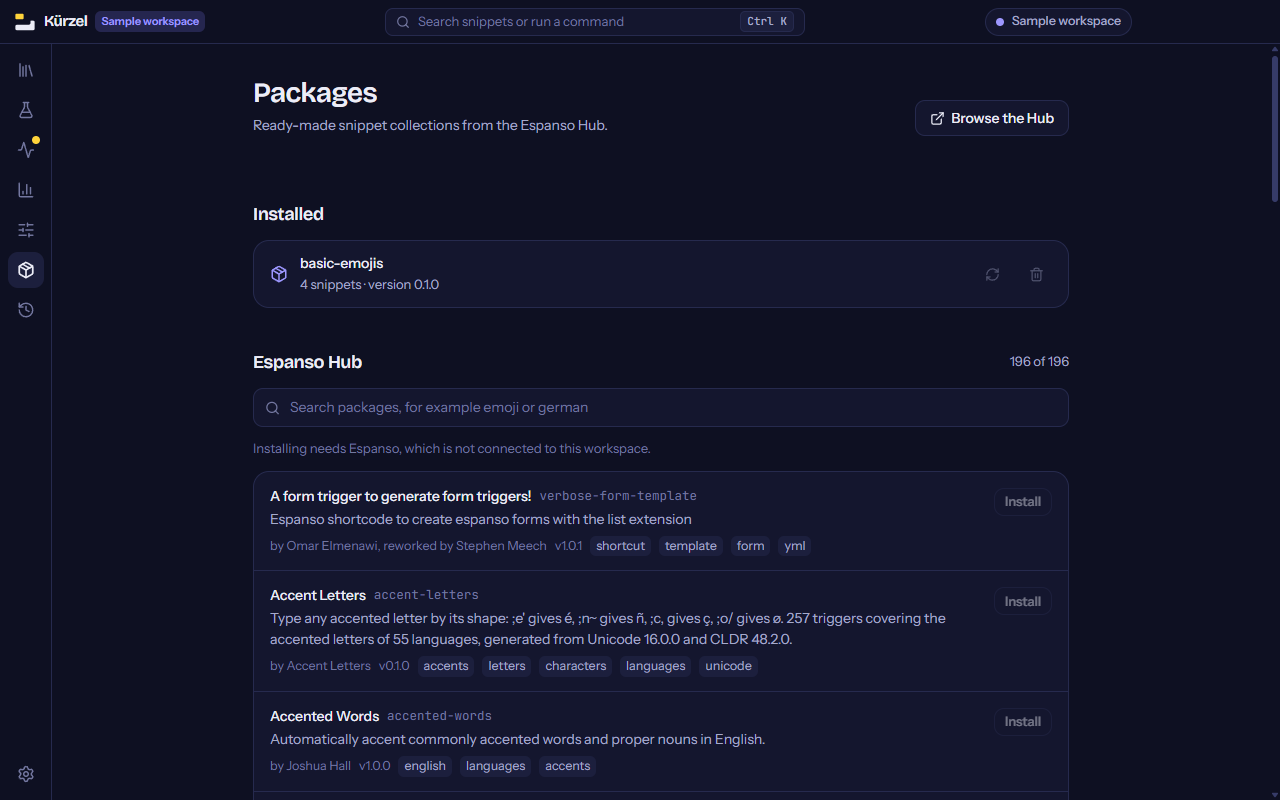 The Espanso Hub browser: a search field above a list of packages with descriptions, tags and install buttons