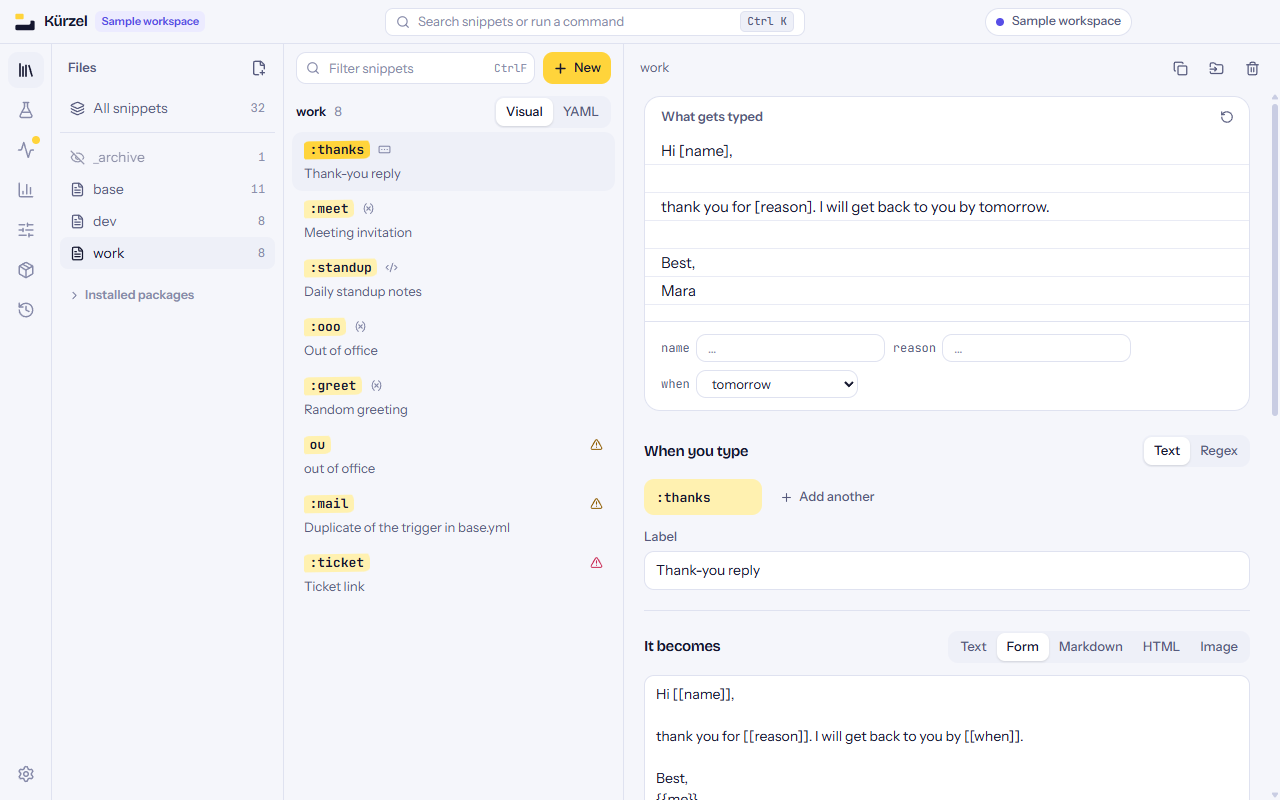 The Kürzel window: a list of files, a list of snippets with their triggers highlighted, and an editor showing a thank-you reply with form fields and a preview of the finished text