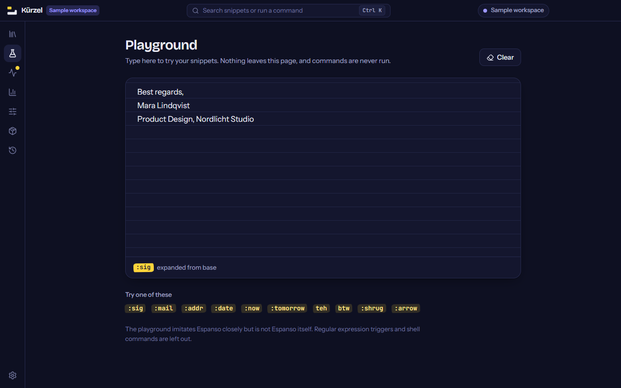 The playground after typing :sig, showing the expanded email signature