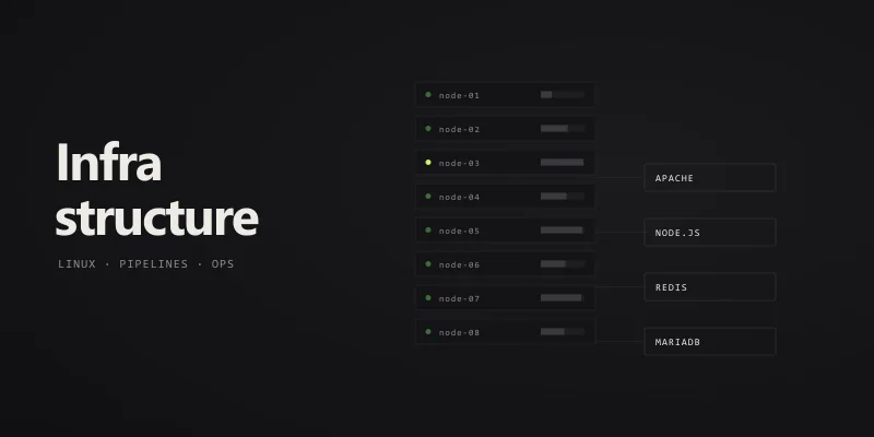 An abstract server rack connected to Apache, Node.js, Redis and MariaDB.